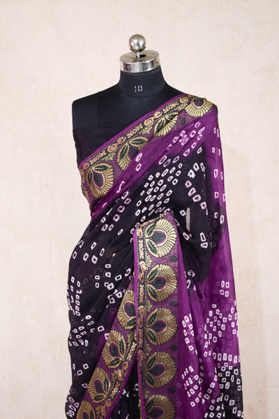 Purple black bandhani saree in jacquard - KANHASAREE