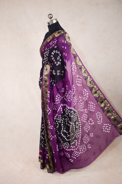 Purple black bandhani saree in jacquard - KANHASAREE