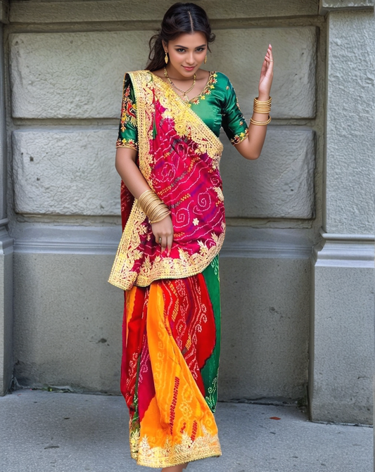 Pachrangi Jaipuri Bandhani Gotapatti Saree