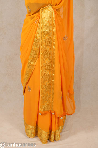 Pure georgette pittan work saree for haldi - KANHASAREE