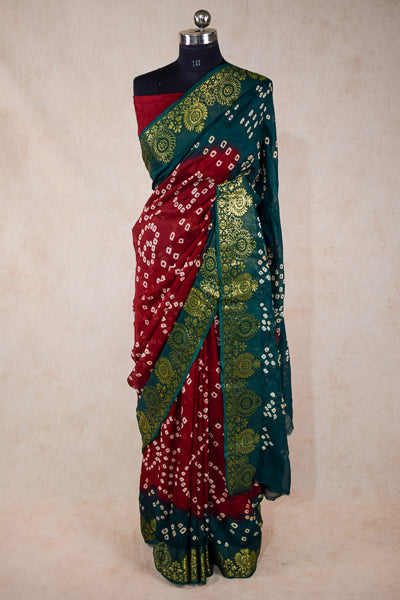 Red Green jacquard bandhani saree - KANHASAREE