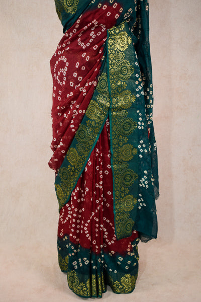 Red Green jacquard bandhani saree - KANHASAREE