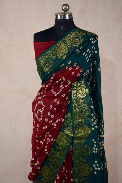 Red Green jacquard bandhani saree - KANHASAREE