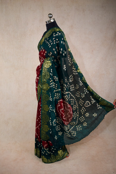 Red Green jacquard bandhani saree - KANHASAREE