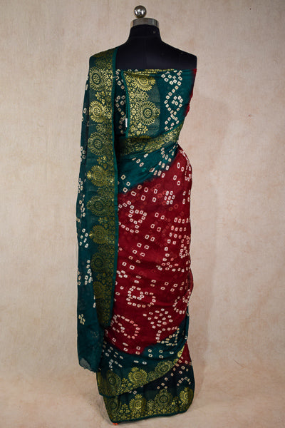 Red Green jacquard bandhani saree - KANHASAREE