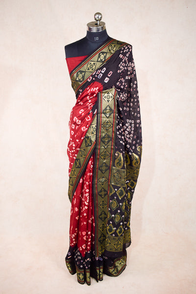 Red Black jacquard bandhani saree - KANHASAREE