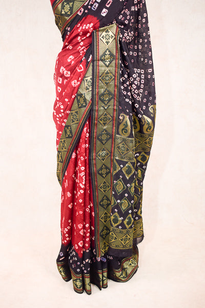 Red Black jacquard bandhani saree - KANHASAREE