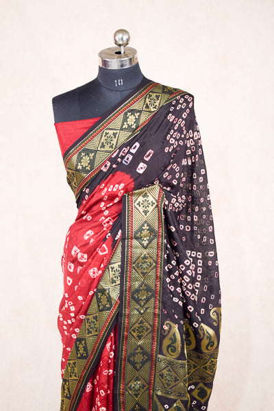 Red Black jacquard bandhani saree - KANHASAREE