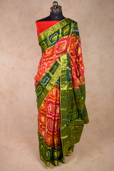 Red Green Gharchola Golden Work Saree - KANHASAREE