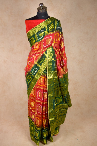 Red Green Gharchola Golden Work Saree - KANHASAREE