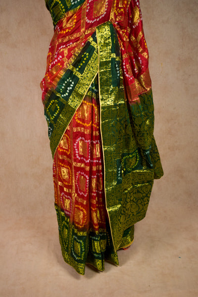 Red Green Gharchola Golden Work Saree - KANHASAREE