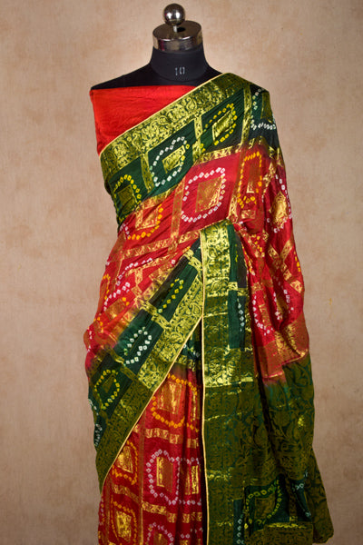 Red Green Gharchola Golden Work Saree - KANHASAREE