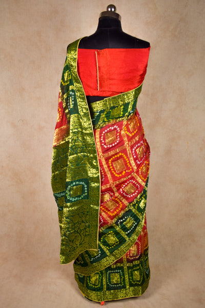 Red Green Gharchola Golden Work Saree - KANHASAREE