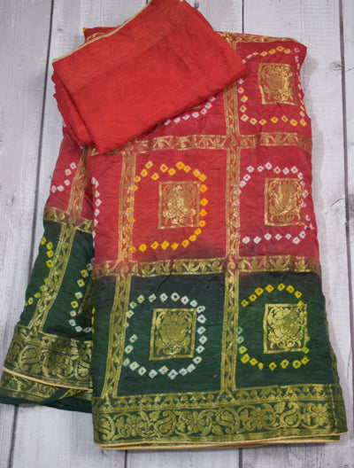 Red Green Gharchola Golden Work Saree - KANHASAREE