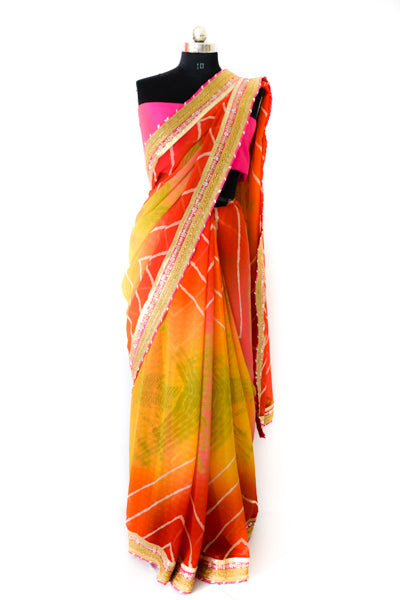 Appealing Orange Yellow Shibori Gotapatti Saree - KANHASAREE