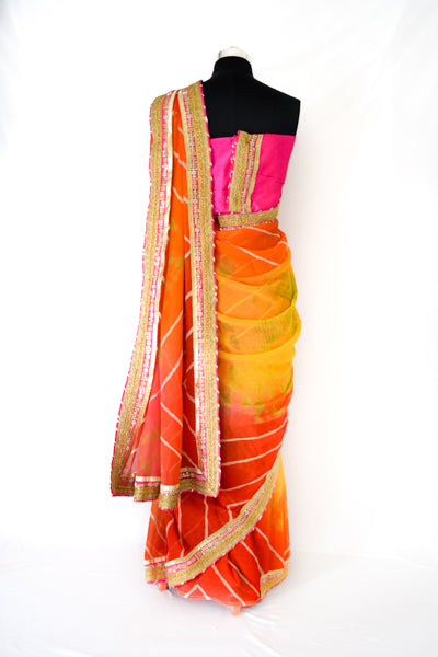 Appealing Orange Yellow Shibori Gotapatti Saree - KANHASAREE