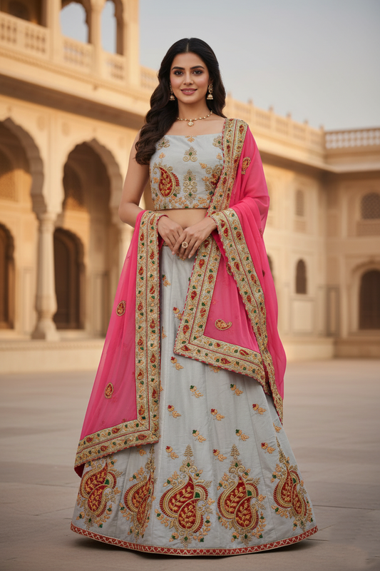 Woman in traditional outfit with pink dupatta standing in an architectural setting