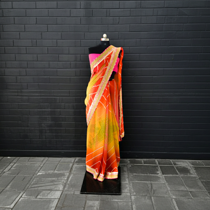 Appealing Orange Yellow Shibori Gotapatti Saree