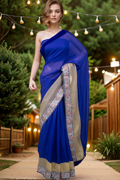 Pure Georgette Saree with Velvet &amp; Peetan Work - KANHASAREE