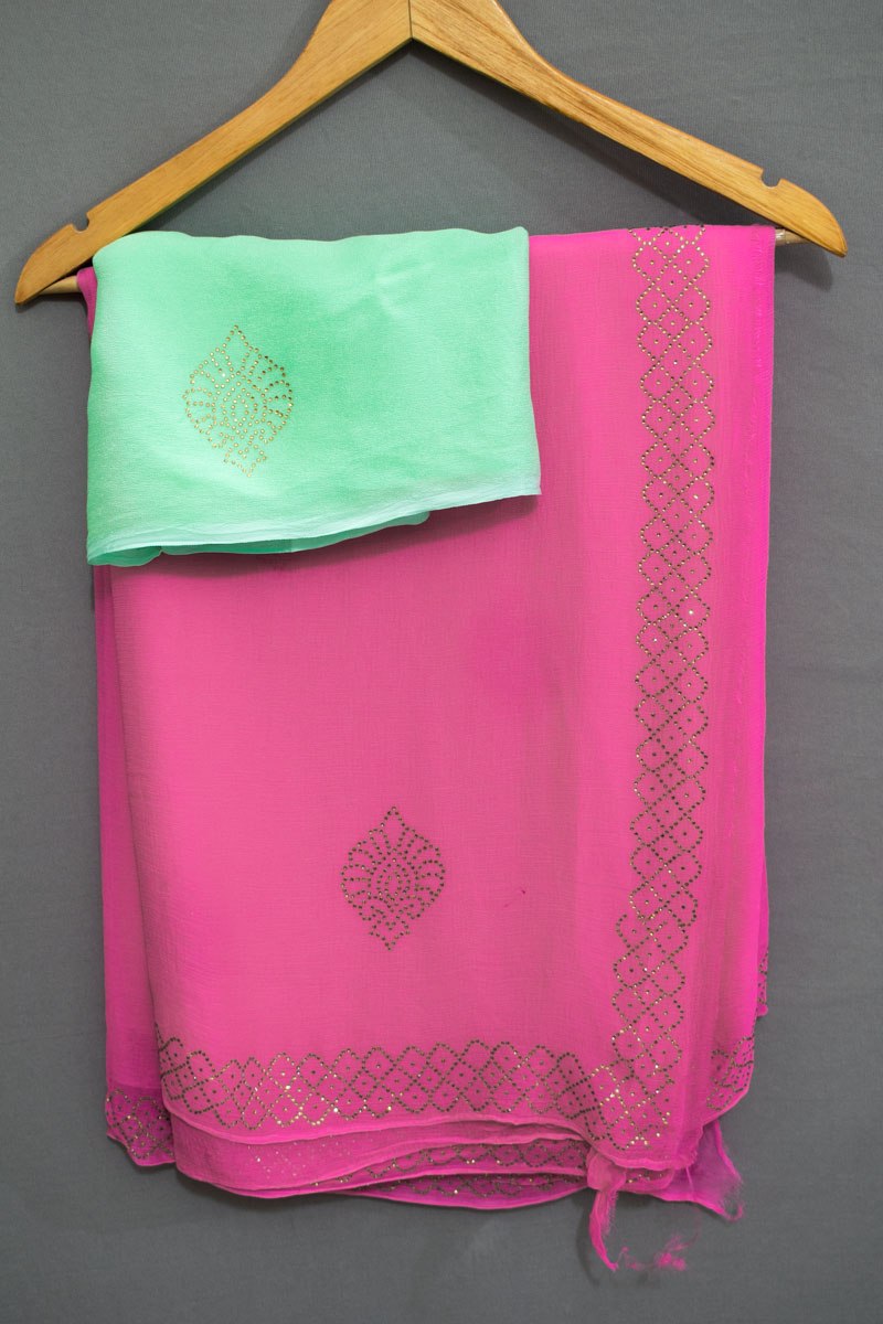 Pure Chiffon Siroski work Saree with border - KANHASAREE