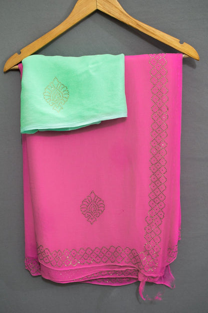 Pure Chiffon Siroski work Saree with border - KANHASAREE