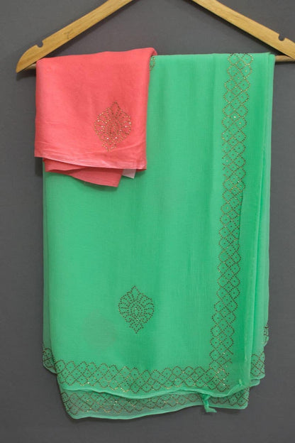 Pure Chiffon Siroski work Saree with border - KANHASAREE