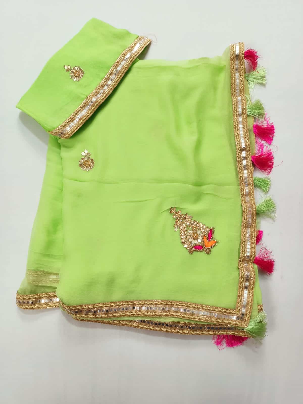 Green Pure Chiffon mirror work saree with gotta hand work - KANHASAREE