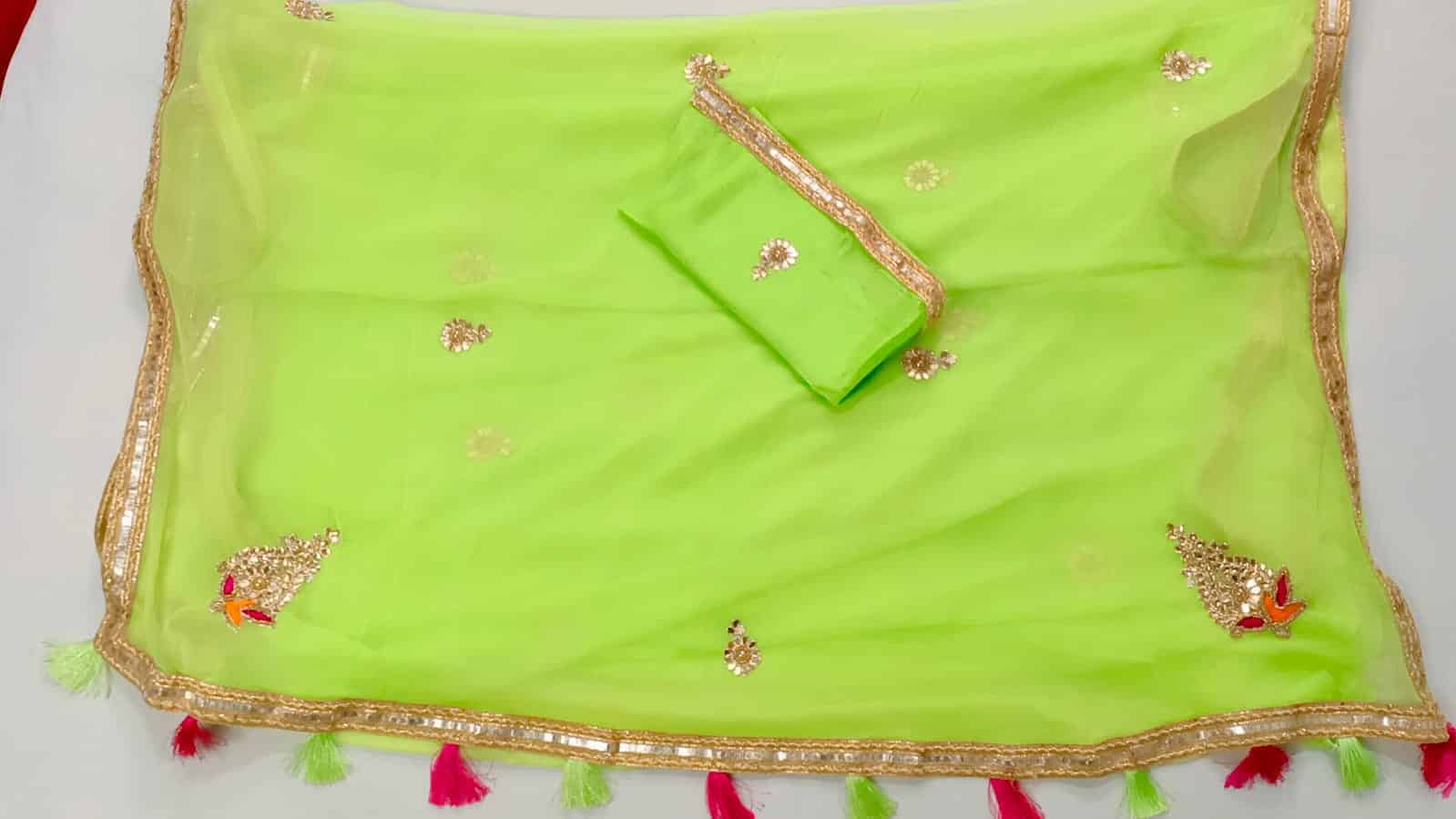 Green Pure Chiffon mirror work saree with gotta hand work - KANHASAREE