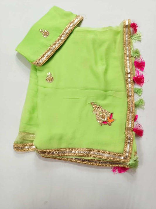 Green Pure Chiffon mirror work saree with gotta hand work - KANHASAREE