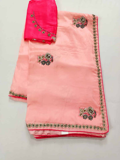 Pure Cotton Silk Baby Pink Color Saree with heavy stone work - KANHASAREE