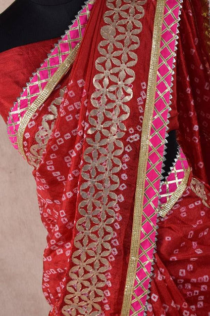 Beautiful Taffeta silk bandhani saree with gota patti work - KANHASAREE