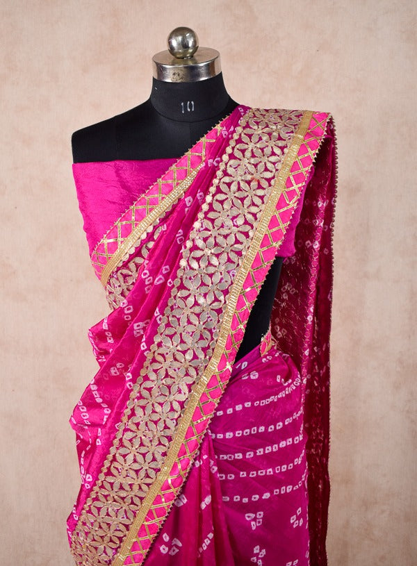 Beautiful Taffeta silk bandhani saree with gota patti work - KANHASAREE