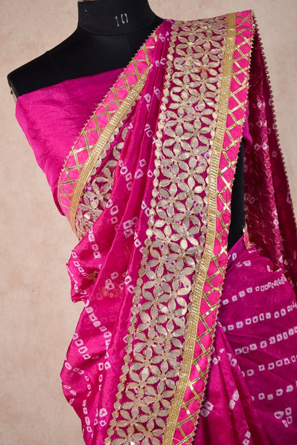 Beautiful Taffeta silk bandhani saree with gota patti work - KANHASAREE