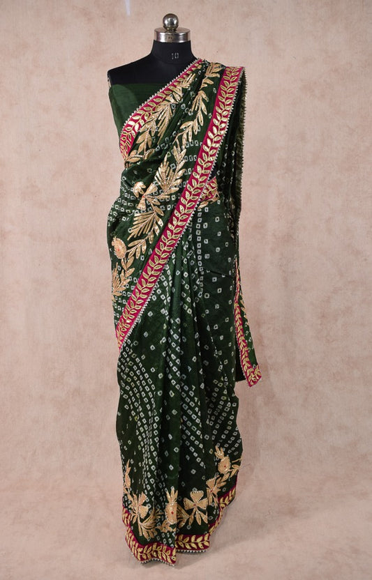 Beautiful Taffeta silk bandhani saree with charki gota work - KANHASAREE