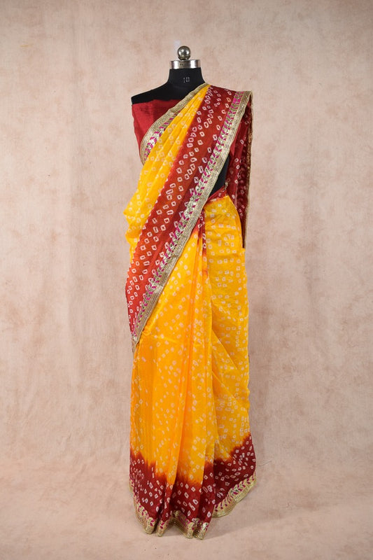 Red yellow dying taffeta silk bandhani saree - KANHASAREE