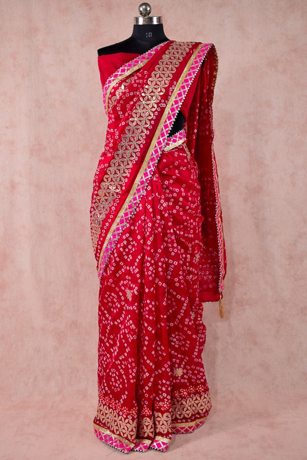 Beautiful Taffeta silk bandhani saree with gota patti work - KANHASAREE