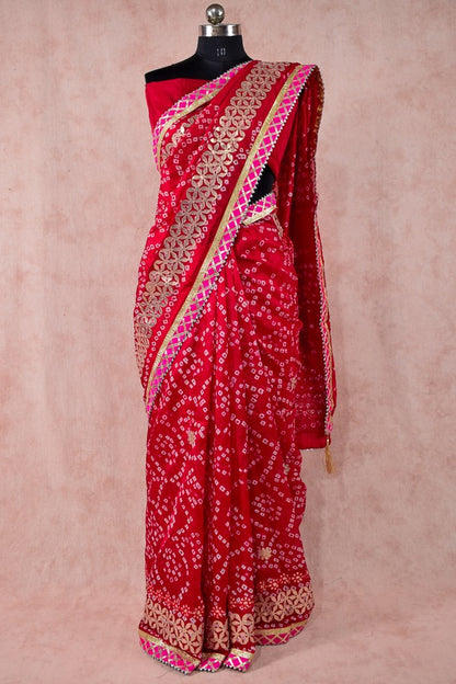 Beautiful Taffeta silk bandhani saree with gota patti work - KANHASAREE