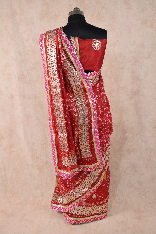 Beautiful Taffeta silk bandhani saree with gota patti work - KANHASAREE