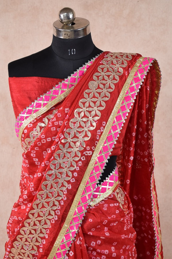 Beautiful Taffeta silk bandhani saree with gota patti work - KANHASAREE