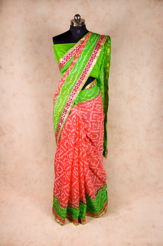 Taffeta silk bandhani saree with banarsi border gota work - KANHASAREE