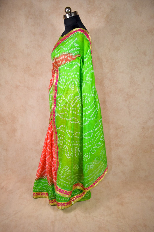 Taffeta silk bandhani saree with banarsi border gota work - Kanhasarees by ksds