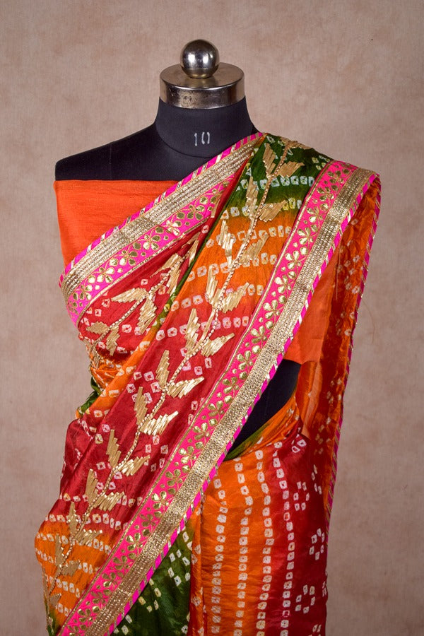 Taffeta Silk Bandhani Saree with Gota Work - KANHASAREE