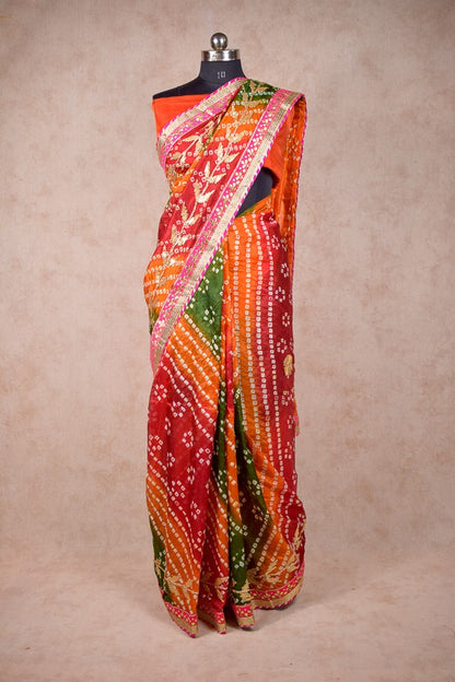 Taffeta Silk Bandhani Saree with Gota Work - KANHASAREE