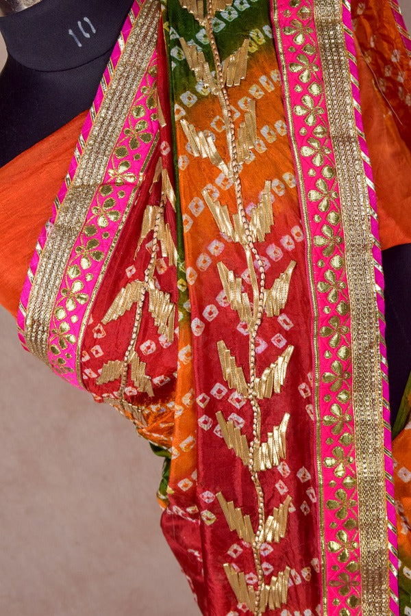 Taffeta Silk Bandhani Saree with Gota Work - KANHASAREE