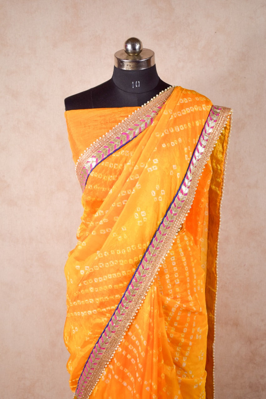 Taffeta silk bandhani saree with gota border - KANHASAREE