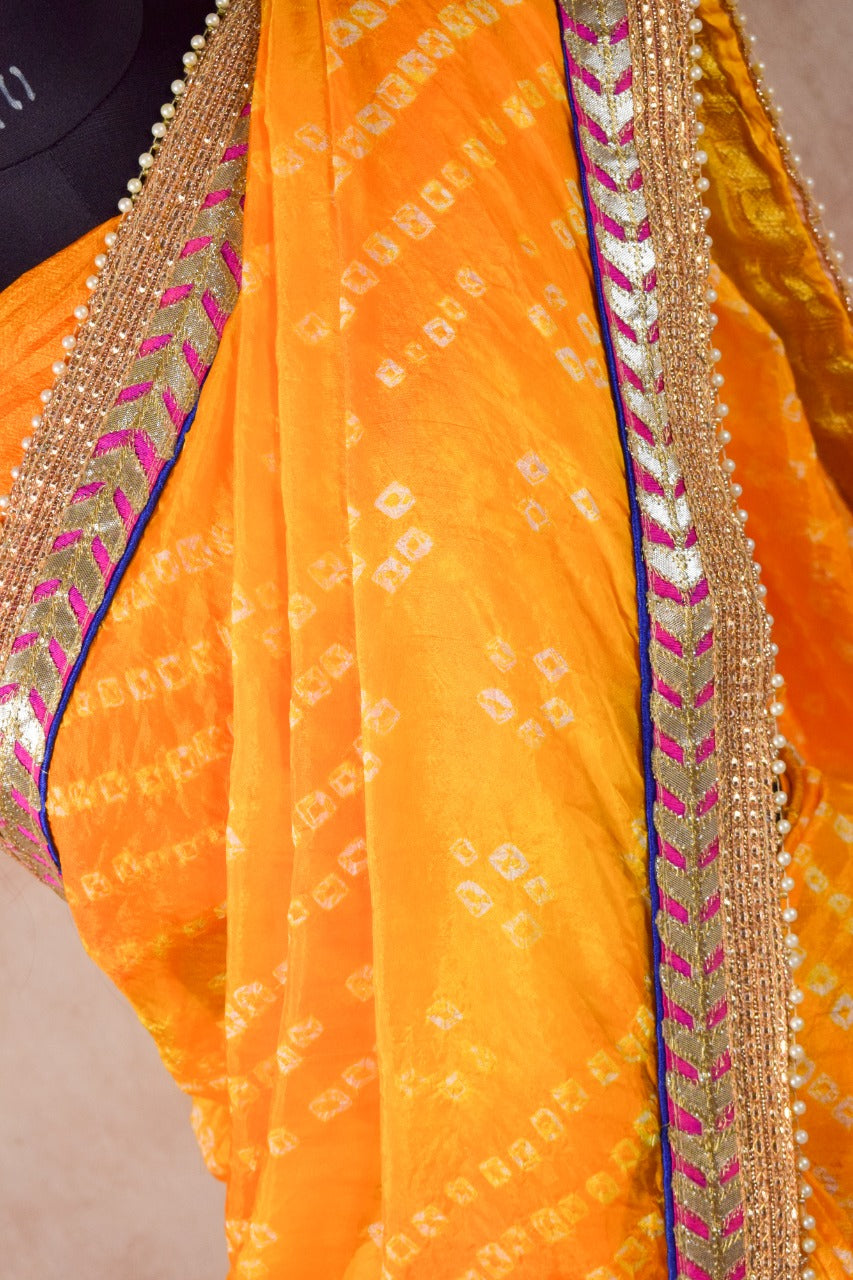 Taffeta silk bandhani saree with gota border - KANHASAREE