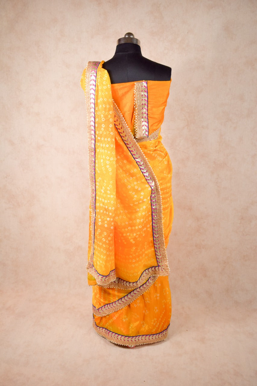 Taffeta silk bandhani saree with gota border - KANHASAREE