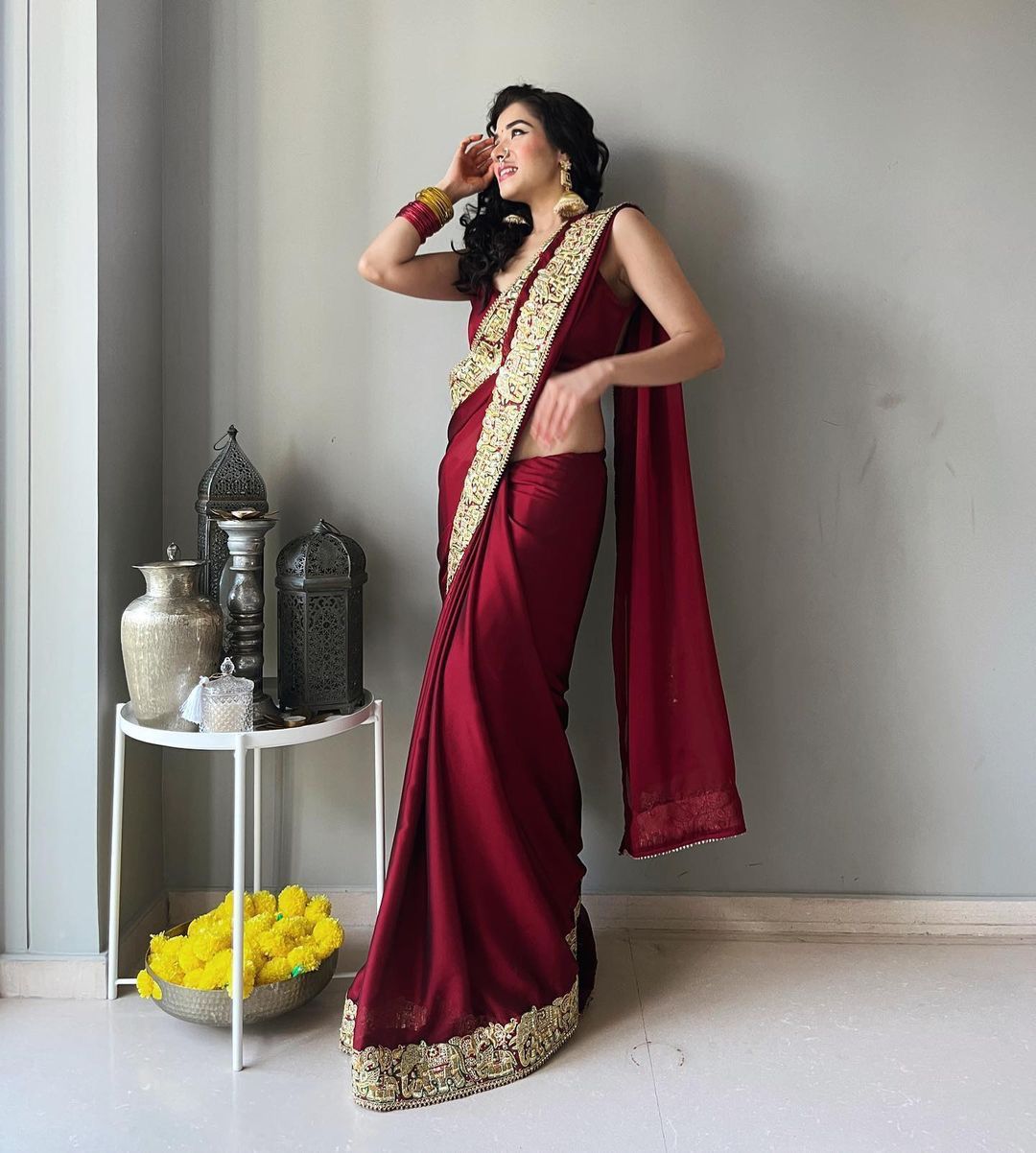 Designer red saree with sequence and thread border - KANHASAREE