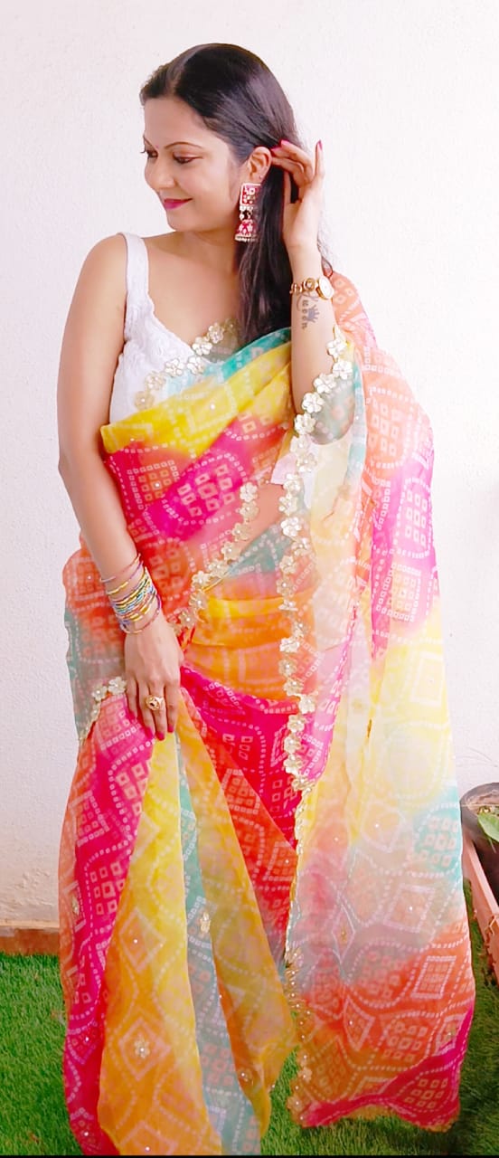 Multicolour Organza Bandhani Saree | Super Hit New Design | Bandhej - KANHASAREE