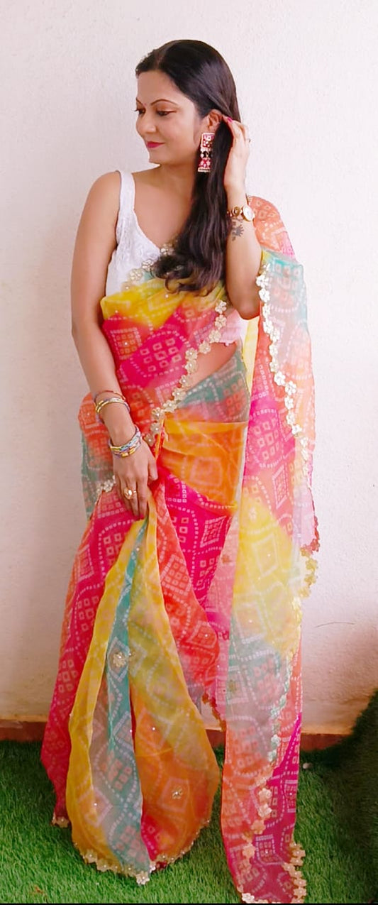 Multicolour Organza Bandhani Saree | Super Hit New Design | Bandhej - KANHASAREE